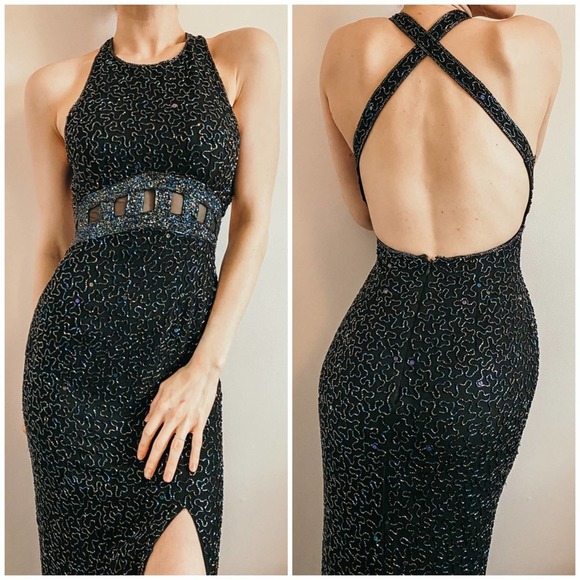 Vintage 90s Iridescent Bead Backless Halter Dress - Picture 1 of 8